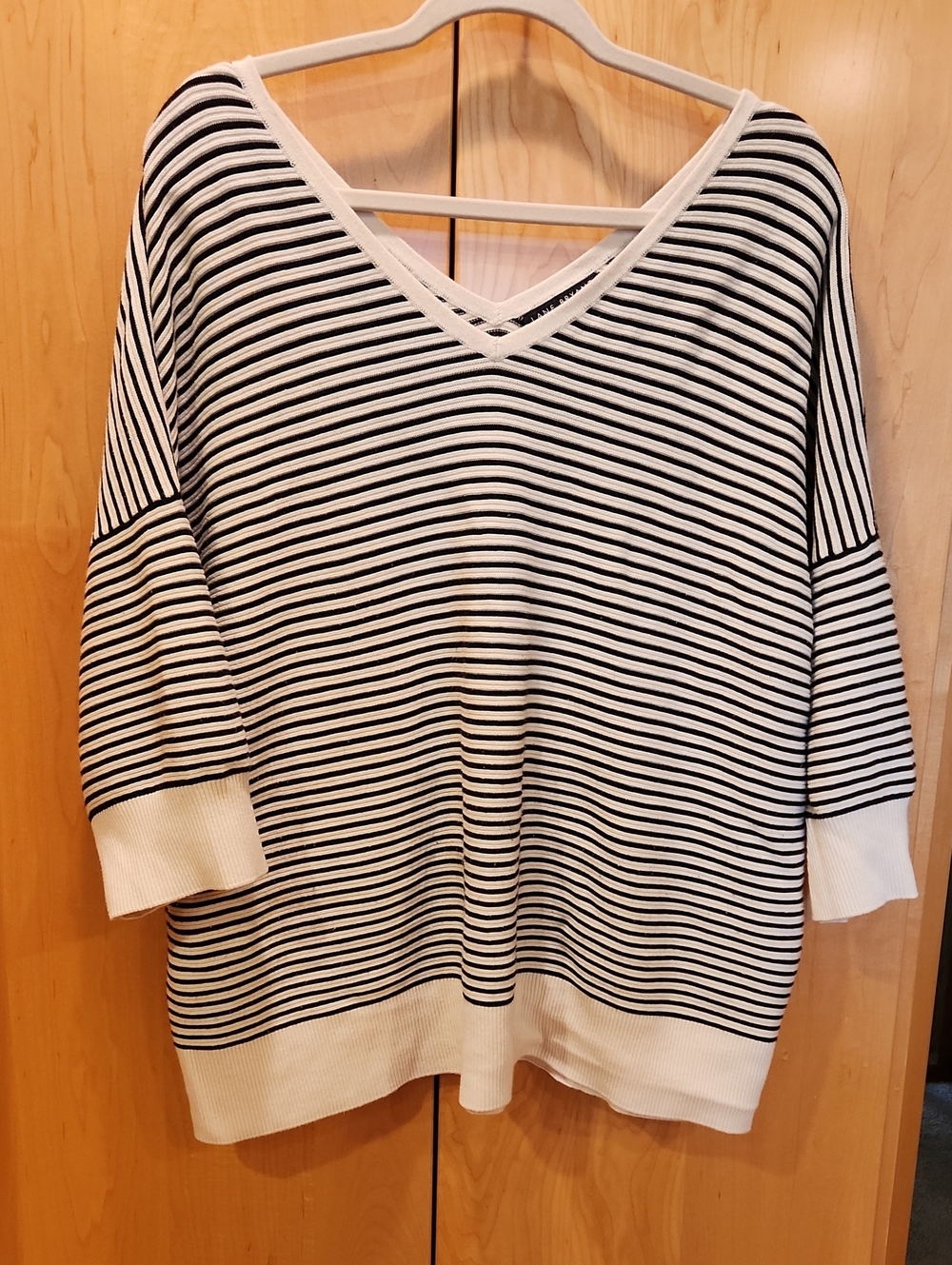 Lane Bryant Cream Colored V-Neck Sweater with Black Stripes